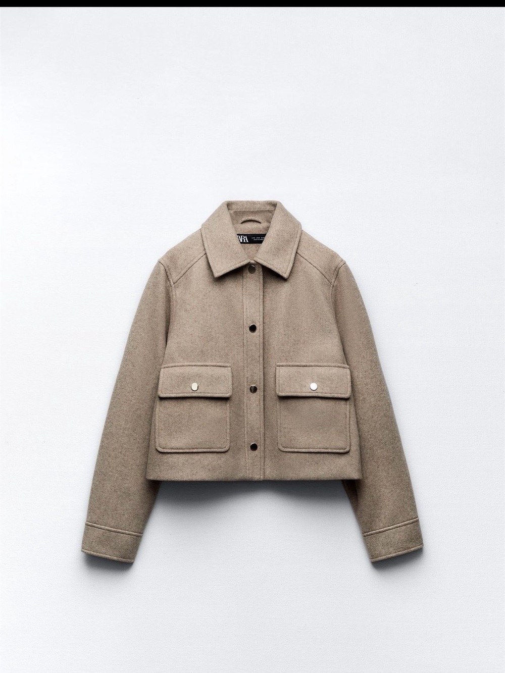 Zara Taupe Cropped Wool Jacket with Front Flap Pockets